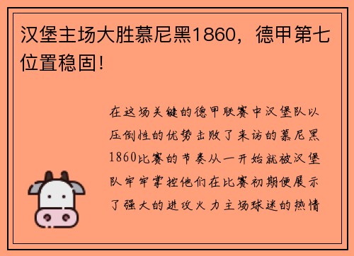 汉堡主场大胜慕尼黑1860，德甲第七位置稳固！